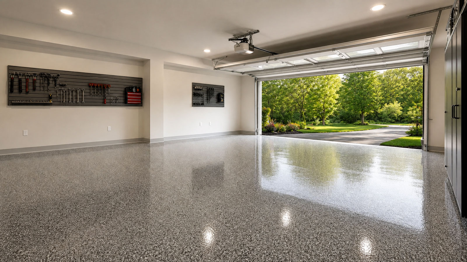 Residential garage with a decorative flake floor coating