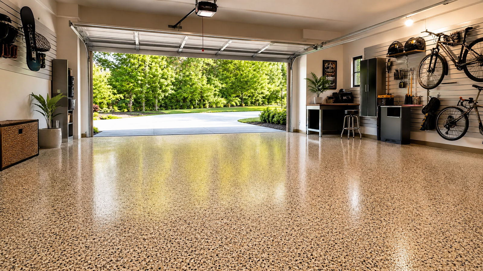 Residential garage with a decorative flake floor coating